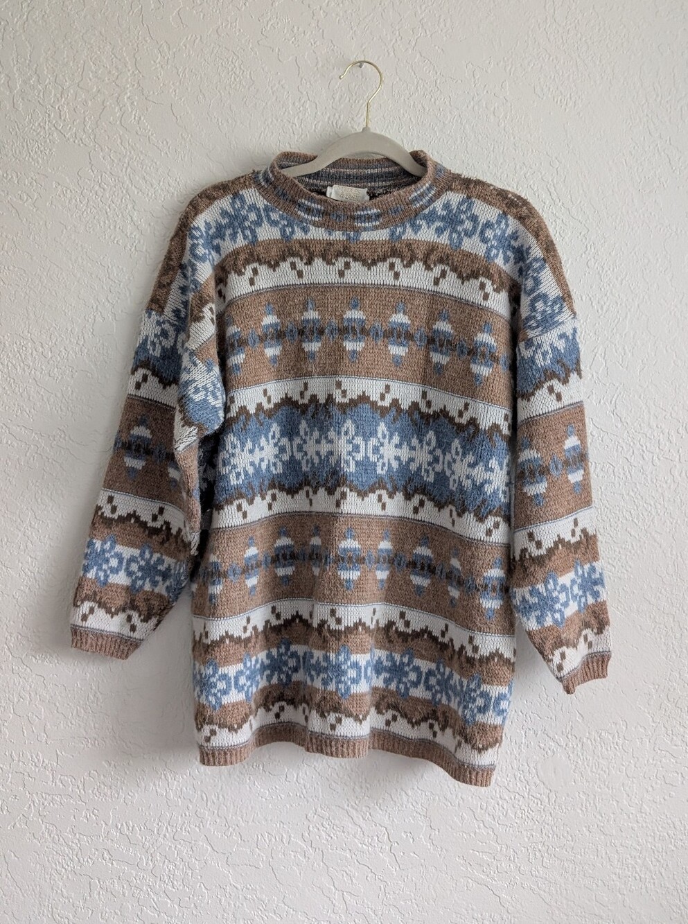 Relaxed Fair Isle Crewneck Sweater in Brown, Light Blue & Cream